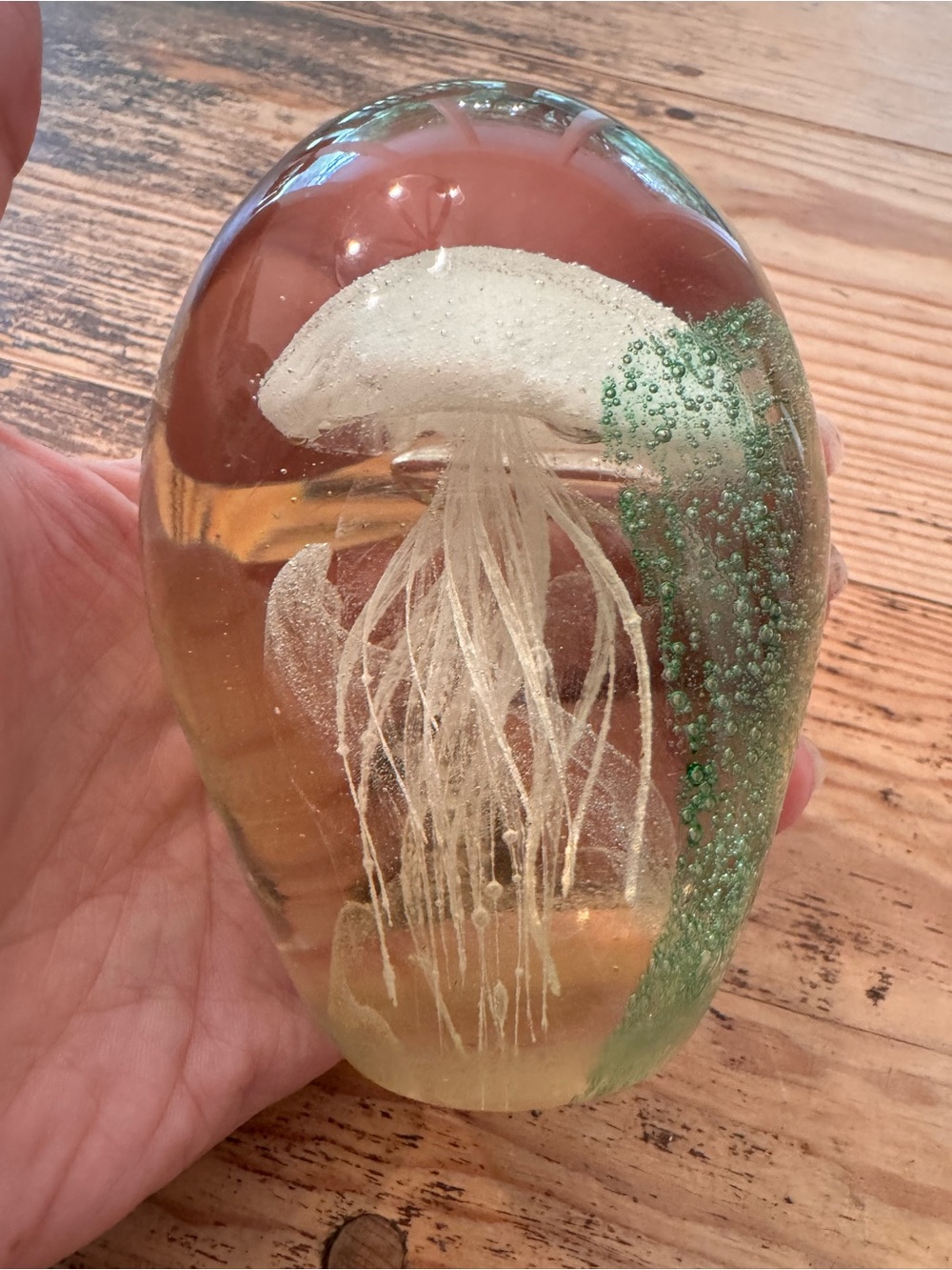 Clear and Green Jellyfish Glass Paperweight - Decorative Home Accent chip on top
